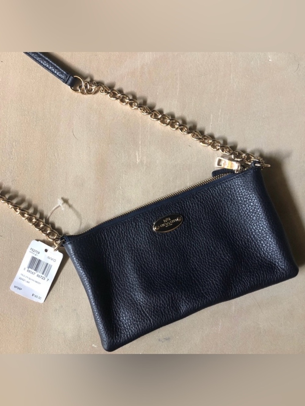 NWT Coach chain pebbled leather quinn crossbody bag chain midnight dark blue
